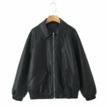 Streetwear Women Retro Loose Black PU Faux Leather Jacket